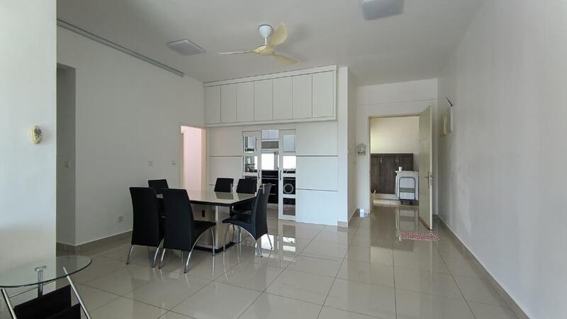 Dining features: dining table with 6 black chairs, white cabinetry with glass panels, recessed ceiling lights, 5-blade ceiling fan, glossy beige tile flooring, white painted walls, open layout to kitchen, doorway leading to hallway; style: modern. Kitchen features: built-in kitchen appliances, white cabinetry, countertop with storage below; style: modern. Hallway features: doorway leading to bathroom, light-colored walls, tile flooring.