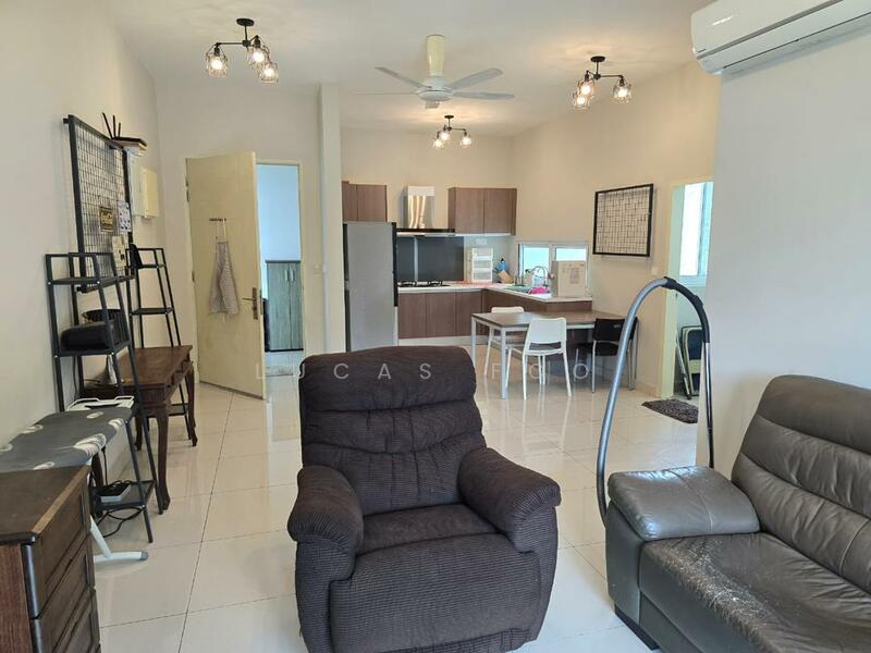 Living features: 3-seater fabric sofa in grey, recliner chair in brown, coffee table, TV console, wall-mounted TV, ceiling fan with light, recessed downlights, white painted walls, white tiled flooring, air conditioning unit, decorative wall art, open layout to kitchen-dining area; style: modern. Kitchen features: kitchen island, stainless-steel fridge, built-in oven, 4-burner gas hob, white cabinetry, ceramic tile backsplash, pendant lighting, open shelving, dining table with chairs; style: modern.