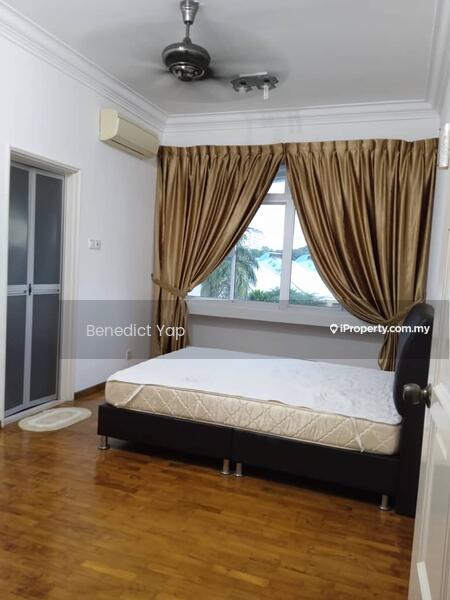 Bedroom features: wooden flooring, white painted walls, ceiling fan, large window with view, curtains in gold color, double bed frame, mattress on bed, air conditioning unit, carpeted area rug.