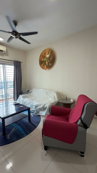 Living features: 5-blade ceiling fan, wall-mounted air conditioning unit, grey fabric armchair with red throw, coffee table, area rug with circular pattern, sofa covered with white protective cover, curtains in grey, wall art with circular design, white painted walls, glossy tile flooring; style: modern; view: city.