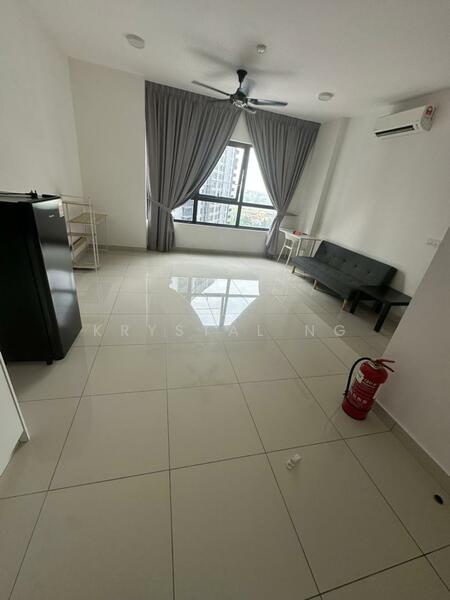 Living features: white painted walls, glossy tile flooring, 5-blade ceiling fan with light, floor-to-ceiling window, grey fabric sofa, black cabinet, air conditioning unit, fire extinguisher; style: modern; view: city.