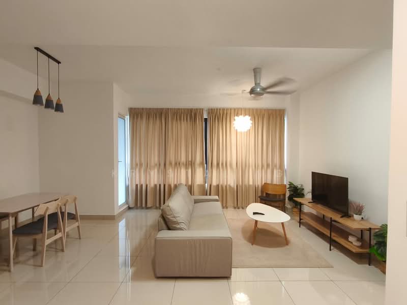 Living features: 3-seater fabric sofa in light grey, coffee table with white top, TV console with wooden finish, wall-mounted TV, area rug, floor-to-ceiling windows, sheer curtains, ceiling fan with light, decorative pendant lights, potted plants; style: modern. Dining features: 4-seater dining table in wood, wooden dining chairs, minimalist design; style: modern.
