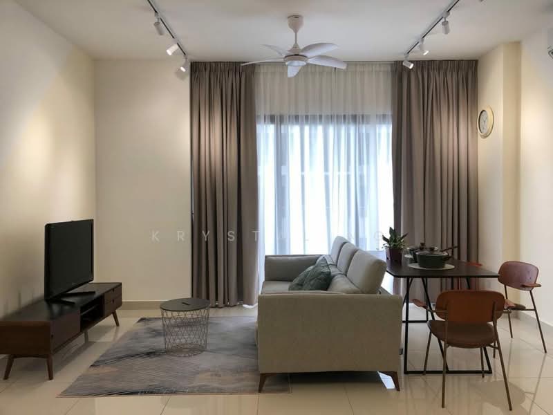 Living features: 3-seater fabric sofa in light grey, wooden coffee table, TV console with storage, wall-mounted TV, area rug with geometric pattern, floor-to-ceiling windows, sheer curtains, blackout curtains, 5-blade ceiling fan with light, decorative wall clock, potted plant, dining table for 2 with wooden chairs; style: modern.