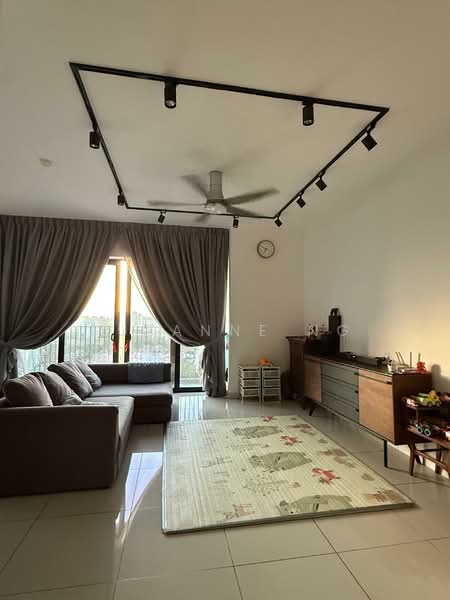 Living features: 3-seater fabric sofa in grey, area rug with geometric pattern, wooden sideboard, wall-mounted clock, floor-to-ceiling windows, curtains in grey, 5-blade ceiling fan with integrated LED light, track lighting, tile flooring, decorative toys on sideboard; style: modern; view: garden.