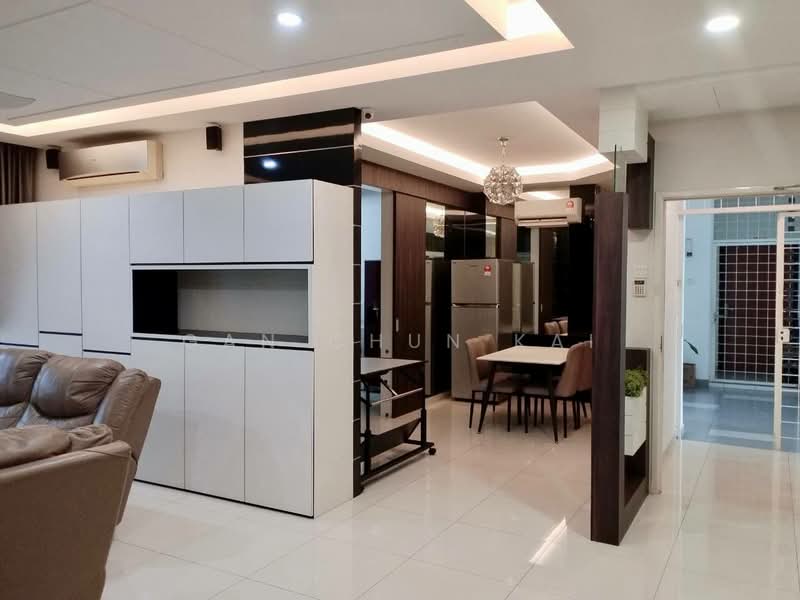 Living features: cream painted walls, white ceiling with recessed lighting, glossy white tile flooring, 3-seater leather sofa in beige, coffee table, wall-mounted TV, built-in cabinetry with white finish, dining table with chairs, stainless-steel fridge, kitchen island, air conditioning unit; style: modern.