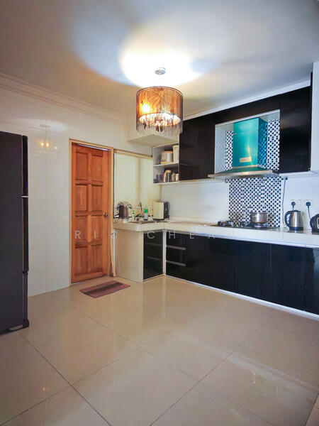 Kitchen features: black cabinetry, white tiled backsplash with geometric pattern, stainless-steel sink, chrome pull-down faucet, built-in gas hob, built-in oven, microwave, refrigerator, pendant light fixture, ceramic tile flooring, wooden door, countertop with storage underneath, kettle, toaster; style: modern.