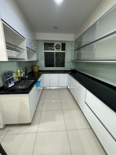 Kitchen features: white flat-panel cabinets, black granite countertop, stainless-steel single-bowl sink, chrome pull-down faucet, built-in wall-mounted fan, ceramic tile flooring, glass upper cabinets, window with view, under-cabinet lighting; style: modern.