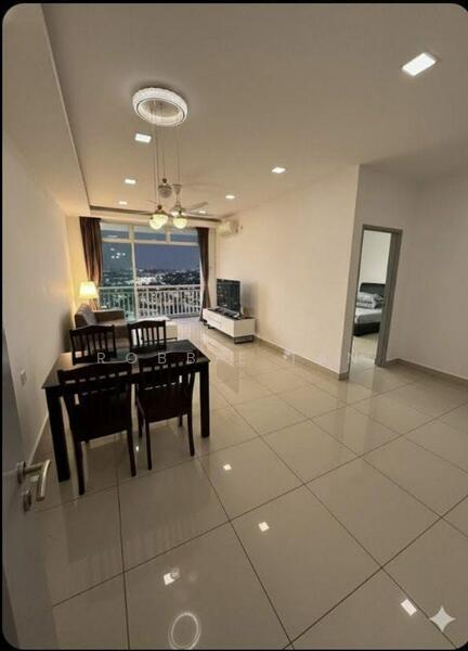 Living features: large floor-to-ceiling windows, city view, white painted walls, glossy ceramic tile flooring, 5-blade ceiling fan with light, recessed downlights, wall-mounted TV, white TV console, dining table for four, upholstered dining chairs, sofa, decorative curtains; style: modern; view: city.