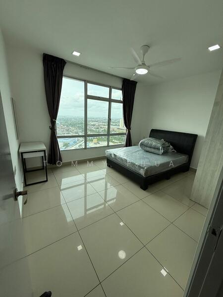 Bedroom features: king-size bed, upholstered headboard, 2 bedside tables, floor-to-ceiling windows, city view, grey curtains, ceiling fan, polished ceramic tile flooring, white painted walls, decorative wall paneling; style: modern; view: city.