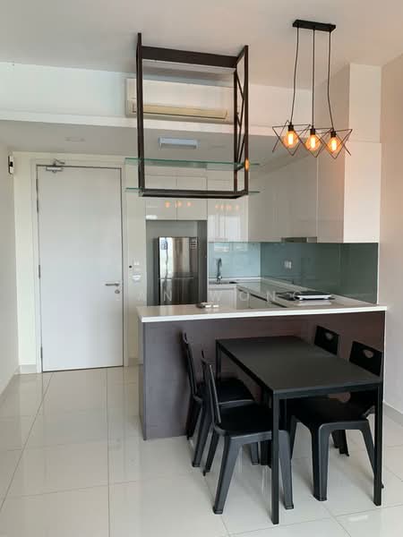 Kitchen features: white cabinets, black countertop, stainless-steel fridge, built-in oven, 4-burner gas hob, glass backsplash, pendant lighting with 4 bulbs, open shelving above countertop, dining table for 4 with black chairs, white tiled flooring, wall-mounted air conditioning unit; style: modern.