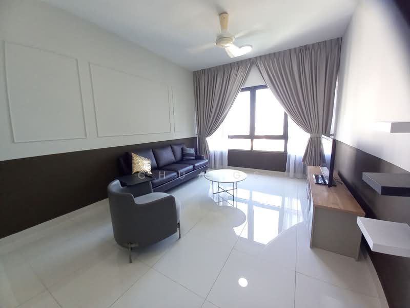 Living features: 3-seater fabric sofa in grey, accent chair in light grey, round coffee table, floor-to-ceiling window, sheer curtains, dark accent wall, white painted walls, polished porcelain tile flooring, ceiling fan with light, TV console, wall-mounted TV; style: modern; view: city.