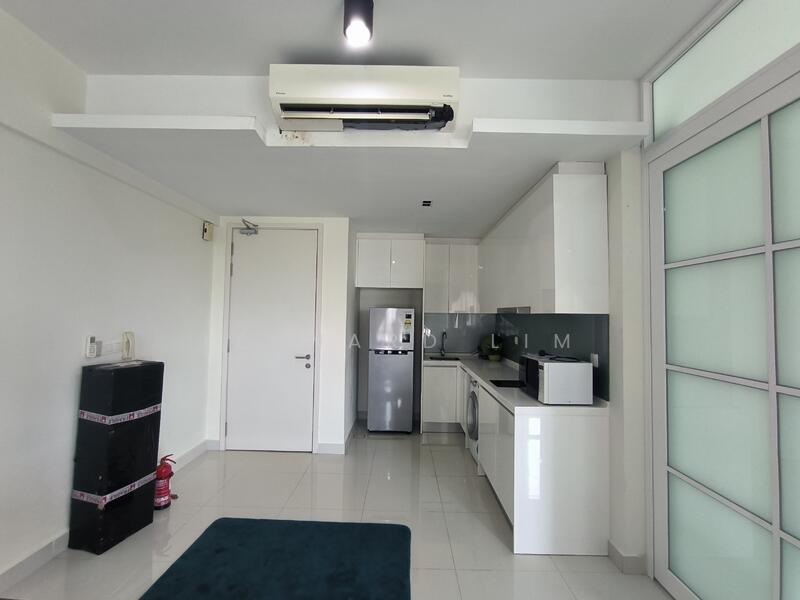 Kitchen features: white cabinetry, stainless-steel fridge, built-in oven, 4-burner gas hob, single-bowl stainless-steel sink, chrome pull-down faucet, black backsplash, white tiled flooring, wall-mounted split AC, recessed downlights, fire extinguisher, open layout; style: modern.