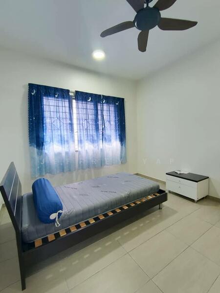 Bedroom features: single bed, blue bedspread, wooden bed frame, nightstand, white nightstand with drawer, two windows, blue curtains with moon pattern, ceiling fan with 5 blades, tile flooring, white painted walls, LED ceiling light; style: modern.