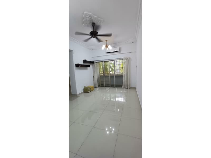 Living features: white painted walls, glossy ceramic tile flooring, 5-blade ceiling fan with light, recessed downlights, floor-to-ceiling windows, sliding glass door, sheer curtains, built-in shelving unit, air conditioning unit; style: modern; view: garden.