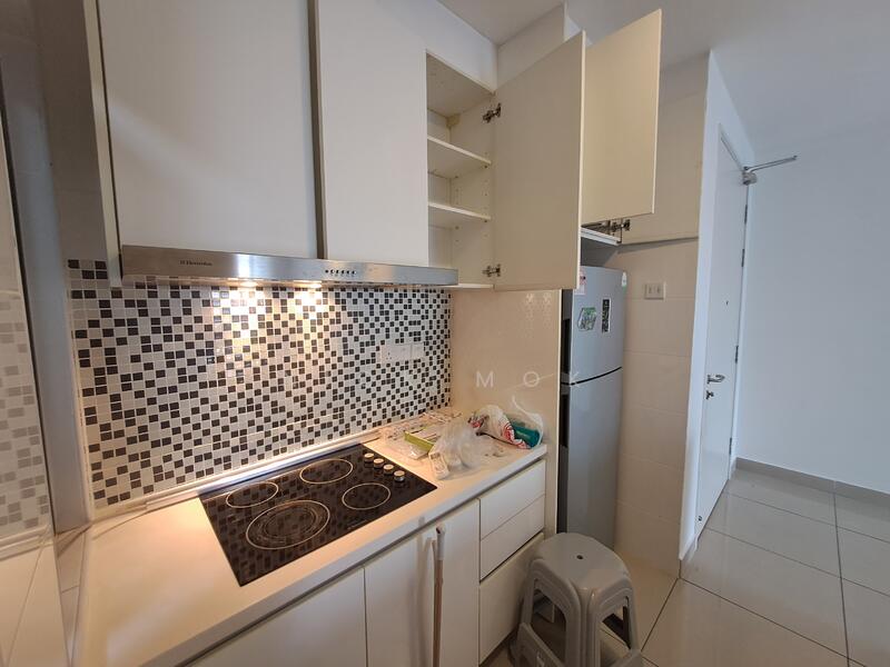 Kitchen features: white cabinetry, black and white mosaic tile backsplash, stainless-steel range hood, 4-burner electric cooktop, white countertop, built-in refrigerator, under-cabinet lighting, tile flooring, open shelving, stool, wall-mounted cabinet, neutral wall color; style: modern.