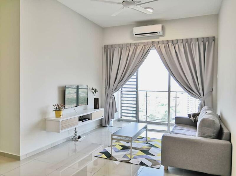 Living features: grey fabric sofa, coffee table, TV console, wall-mounted TV, area rug with geometric pattern, 5-blade ceiling fan with light, floor-to-ceiling windows, sheer curtains, white painted walls, glossy tile flooring, air conditioning unit; style: modern; view: city.