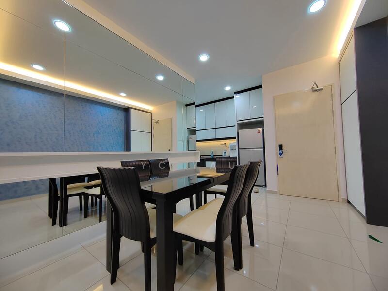 Dining features: black dining table, 4 dining chairs with cream upholstery, mirrored wall, white cabinetry, stainless-steel fridge, built-in oven, ceramic tile flooring, recessed LED downlights, grey accent wall, kitchen area visible in background; style: modern.