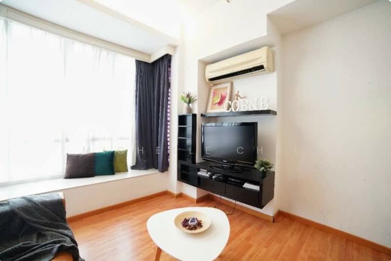 Living features: large floor-to-ceiling windows, window seat with cushions, dark blue curtains, light wooden flooring, wall-mounted TV, black TV console, decorative plants, air conditioning unit, decorative wall art, small white coffee table, grey throw blanket; style: modern.
