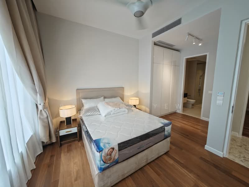 Bedroom features: queen-size bed, upholstered headboard, 2 bedside lamps, wooden flooring, floor-to-ceiling windows, sheer curtains, built-in wardrobe, neutral painted walls, recessed downlights, ceiling fan; style: modern.
