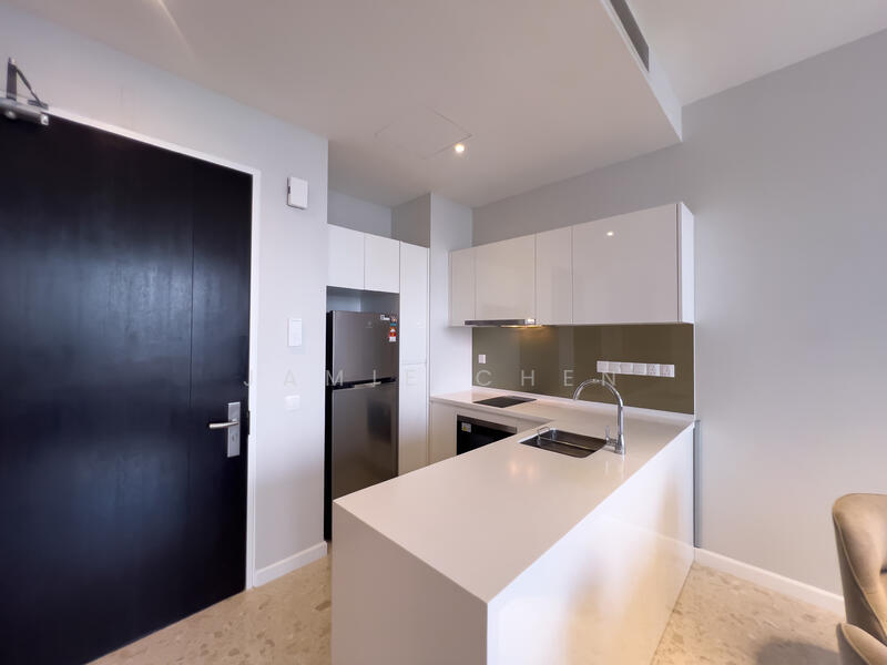 Kitchen features: white cabinetry, stainless-steel fridge, built-in oven, black countertop, single-bowl stainless-steel sink, chrome pull-down faucet, ceramic tile flooring, recessed downlights, open layout, modern design; style: modern.