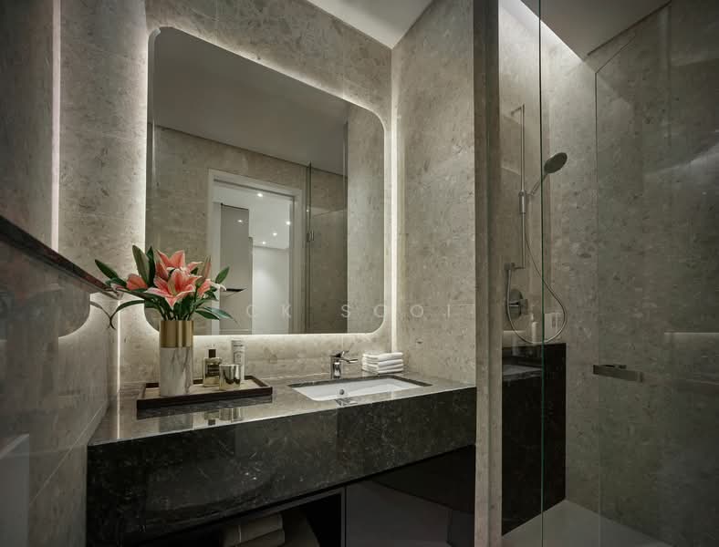 Bathroom features: marble wall cladding, glass shower enclosure, single-sink vanity with dark stone countertop, chrome basin mixer faucet, backlit mirror, recessed lighting, shower with handheld shower head, decorative vase with flowers; style: modern.