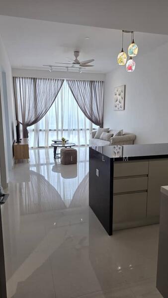 Living features: white painted walls, polished ceramic tile flooring, 5-blade ceiling fan with light, floor-to-ceiling windows with sheer curtains, sofa in light color, coffee table, TV console, decorative wall art, pendant lighting, side table; style: modern; view: city.