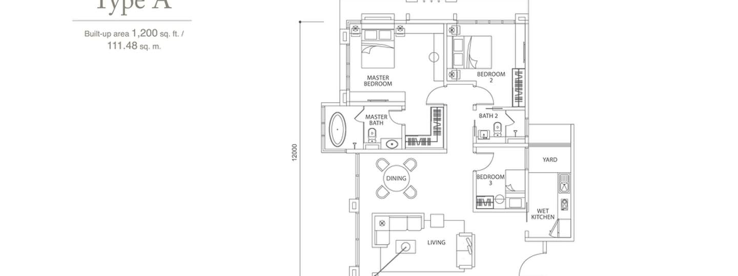 Floor plan: 3-bedroom 2-bathroom unit; features: open-plan kitchen-dining-living, master bedroom with ensuite bathroom, bedroom 2 with shared bathroom, utility room, wet kitchen, yard area, central foyer, 1 car porch.