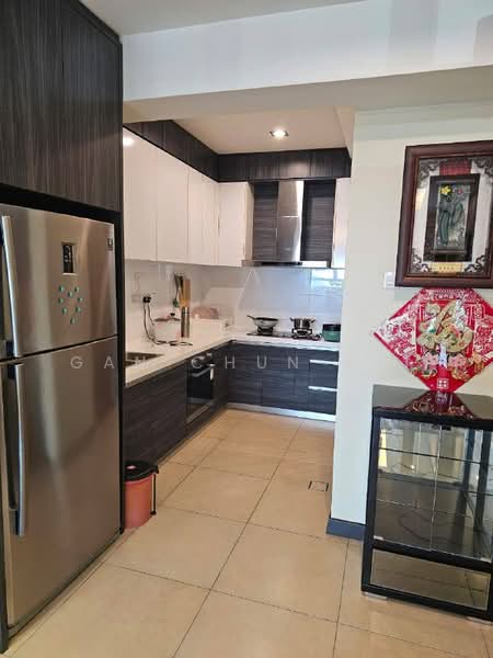 Kitchen features: stainless-steel fridge, white upper cabinets, dark wood lower cabinets, ceramic tile flooring, white countertop, built-in oven, 4-burner gas hob, kitchen sink, wall-mounted range hood, glass-front display cabinet, decorative wall art; style: modern.