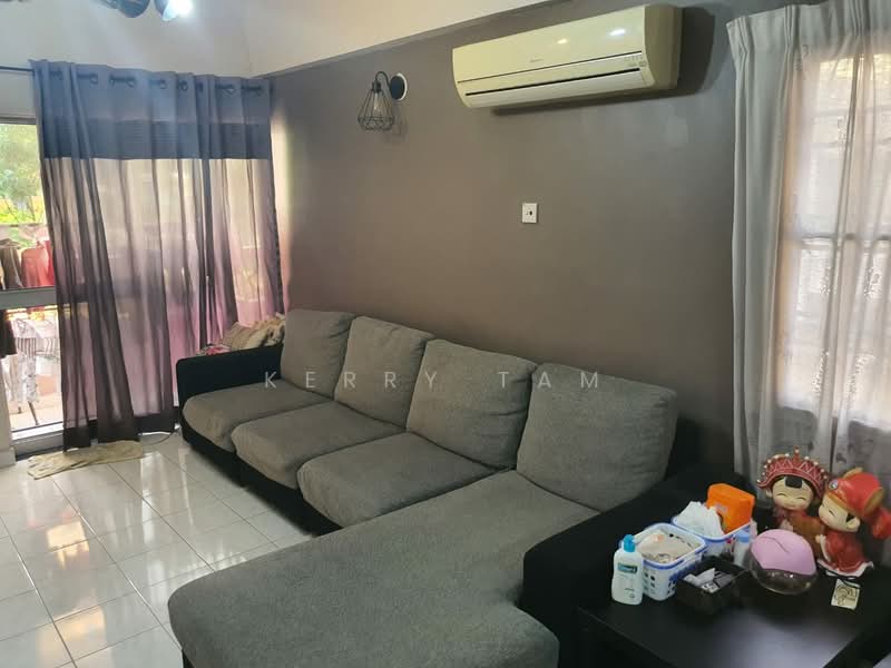 Living features: grey fabric sectional sofa, white tiled flooring, grey painted walls, ceiling-mounted air conditioning unit, floor-to-ceiling windows, sheer curtains, black coffee table, decorative items on coffee table; style: modern.