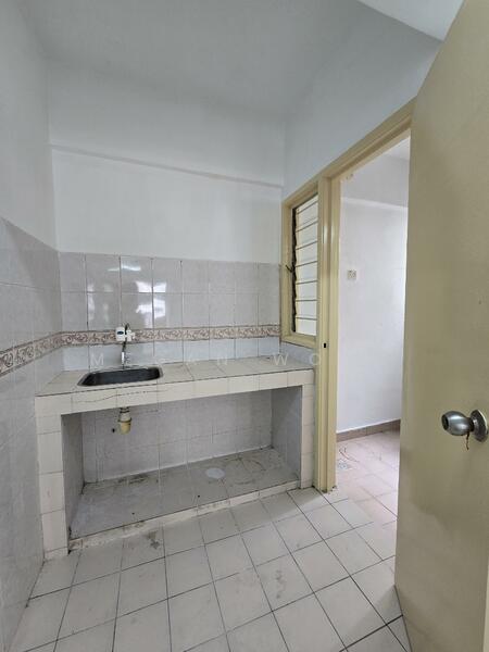 Laundry features: single-bowl stainless-steel sink, wall-mounted faucet, white tiled walls, grey tiled backsplash, white ceramic floor tiles, window with metal grille, door leading to another room, countertop space, drainage hole in floor.
