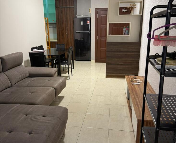 Living features: grey fabric sectional sofa, tile flooring, wall-mounted TV, wooden TV console, black dining table with chairs, black fridge, kitchen cabinetry, decorative wall panel, light-colored walls, open layout to kitchen; style: modern.