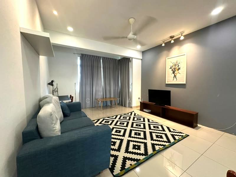 Living features: blue fabric sofa, black and white geometric area rug, wall-mounted TV, wooden TV console, light grey curtains, white painted walls, grey accent wall, ceiling fan, recessed downlights, decorative artwork on wall, wooden bench; style: modern.