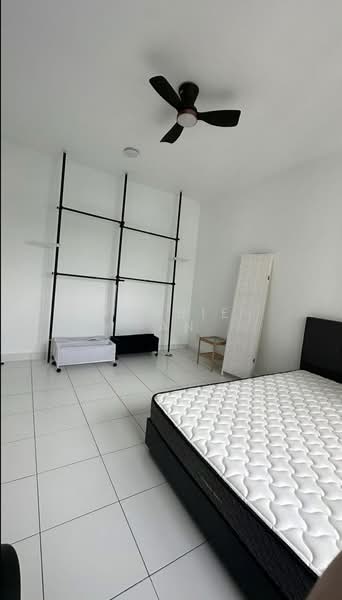 Bedroom features: white painted walls, white tiled flooring, king-size bed, ceiling fan with 3 blades, open shelving unit, white wardrobe, single chair, mattress on bed; style: minimalist.