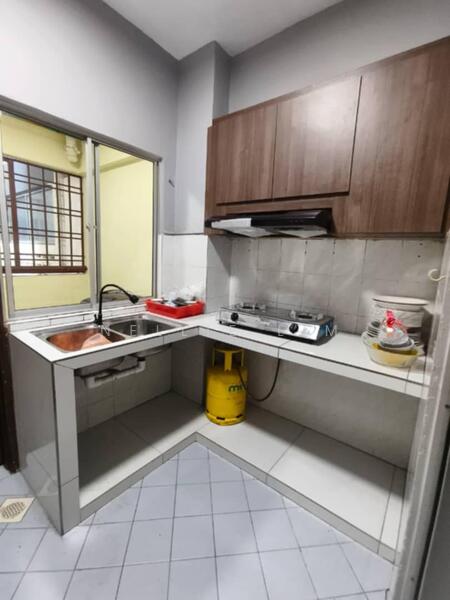 Kitchen features: single-bowl stainless-steel sink, chrome pull-down faucet, granite countertop, wood cabinetry, built-in gas stove, exhaust hood, white tiled backsplash, yellow gas cylinder, grey walls, white floor tiles, window with security bars; style: modern.