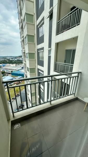 Room features: balcony with railing, grey tiled flooring, city view, sliding glass door, concrete wall, metal railing; style: modern; view: city.