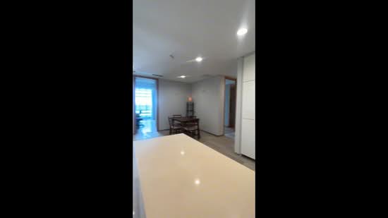 Kitchen features: light-colored countertop, white cabinetry, recessed downlights, open layout, sliding glass door, floor-to-ceiling windows, neutral wall color, tile flooring; style: modern; view: garden.