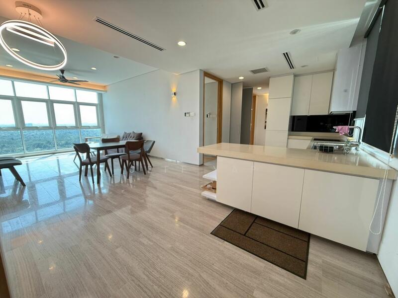 Living features: marble tile flooring, white painted walls, recessed downlights, 5-blade ceiling fan with light, floor-to-ceiling windows, sliding glass door, dining table with four chairs, kitchen island with countertop, built-in kitchen cabinetry, black microwave, black built-in oven, stainless-steel sink, chrome pull-down faucet; style: modern; view: city.