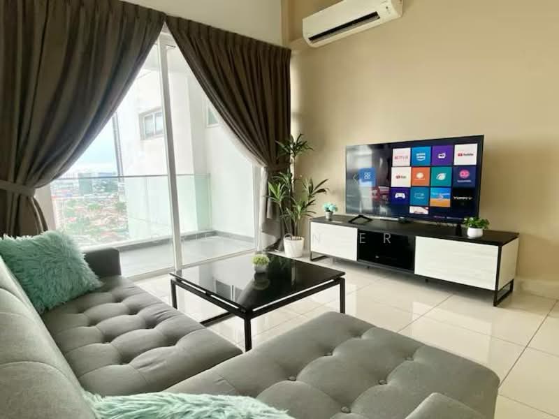 Living features: L-shape sectional sofa in grey, coffee table, wall-mounted TV, TV console in black and white, floor-to-ceiling windows, sheer curtains, air conditioning unit, decorative plant, ceramic tile flooring, neutral painted walls, area rug with geometric pattern; style: modern; view: city.