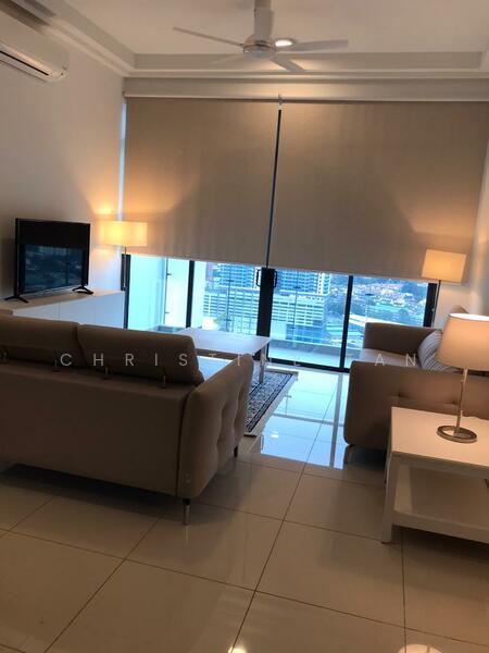 Living features: 3-seater fabric sofa in beige, coffee table, wall-mounted TV, floor-to-ceiling windows, sheer curtains, ceiling fan, laminate flooring, decorative lamp, side table; style: modern; view: city.