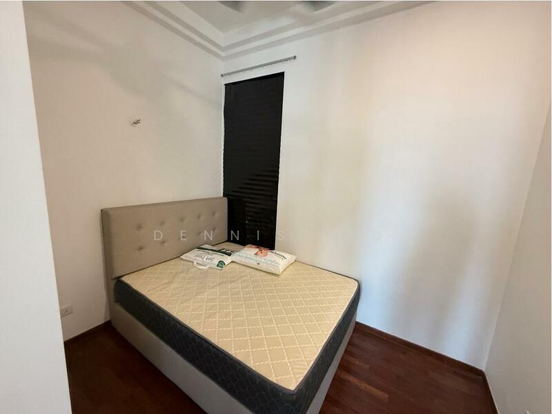 Bedroom features: queen-size bed, upholstered headboard, dark roller blinds, white painted walls, wood flooring, ceiling with recessed lighting, no visible closet, minimal decor; style: modern.