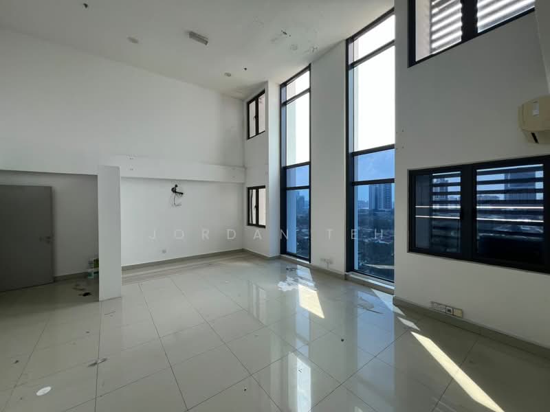 Room features: white painted walls, large floor-to-ceiling windows, grey tiled flooring, high ceiling, exposed ceiling with lights, air conditioning unit, window treatments, city skyline view; style: modern; view: city.