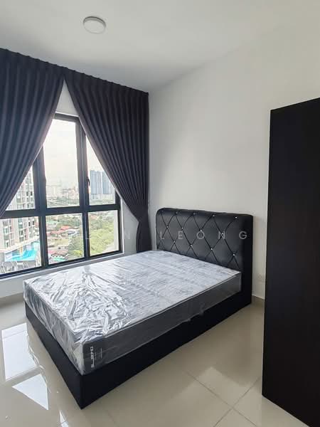 Bedroom features: king-size bed with black upholstered headboard, mattress with protective cover, floor-to-ceiling windows, blackout curtains, white painted walls, glossy tile flooring, built-in wardrobe, city view; style: modern; view: city.