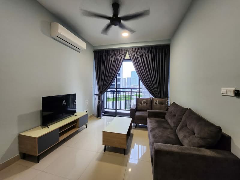 Living features: 3-seater fabric sofa in grey, 2-seater fabric sofa in grey, coffee table with wooden top, TV console with storage, wall-mounted TV, floor-to-ceiling windows, curtains in dark grey, ceiling fan, air conditioning unit, glossy tile flooring, neutral painted walls; style: modern; view: city.
