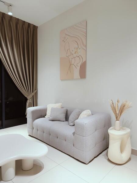 Living features: light grey tufted fabric sofa, decorative throw pillows, white coffee table, beige curtains, framed artwork on wall, cream decorative vase, dried floral arrangement, white tiled flooring; style: modern.