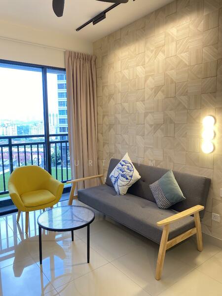Living features: grey fabric sofa, yellow accent chair, round marble-top coffee table, textured feature wall with geometric pattern, floor-to-ceiling windows, curtains, recessed lighting, polished tile flooring; style: modern; view: city.