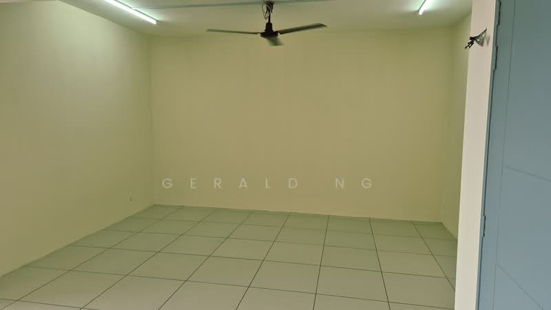 Room features: cream painted walls, white ceiling, ceiling fan, large square tile flooring, no visible windows, no visible furniture, LED strip lighting, neutral color scheme; style: minimalist.