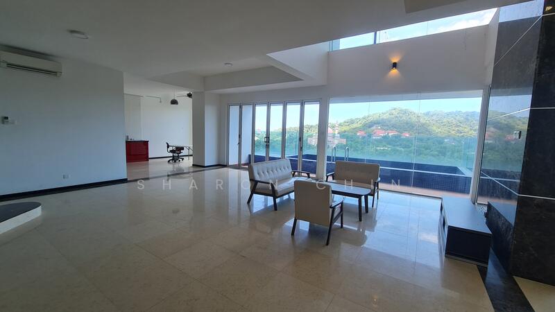 Living features: large floor-to-ceiling windows, mountain view, cream marble flooring, recessed downlights, split air conditioning unit, sofa set with light upholstery, coffee table, open layout, decorative wall with stone cladding, neutral wall color; style: modern; view: mountain. Kitchen features: red cabinetry, open kitchen layout, kitchen island, stainless-steel appliances, countertop space; style: modern.