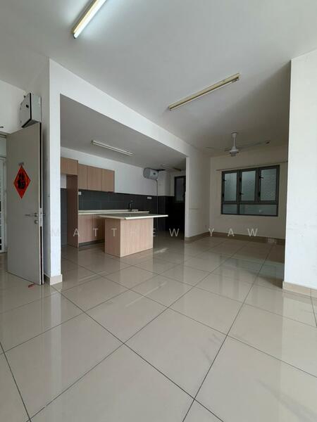 Kitchen features: white painted walls, grey tiled flooring, kitchen island with wood cabinetry, stainless-steel sink, chrome pull-down faucet, built-in oven, freestanding range oven, exhaust hood, wall-mounted split AC, ceiling fan, window with grid design; style: modern.