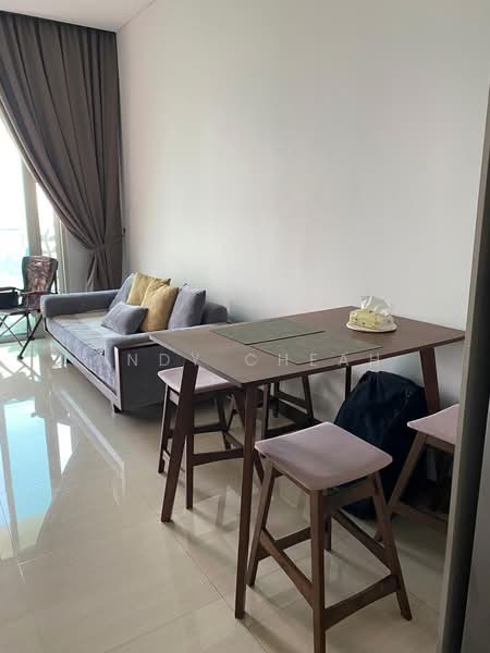 Dining features: rectangular dining table, 4 wooden stools, grey fabric sofa, yellow and grey cushions, floor-to-ceiling windows, sheer curtains, glossy tile flooring, neutral painted walls; style: modern; view: city.