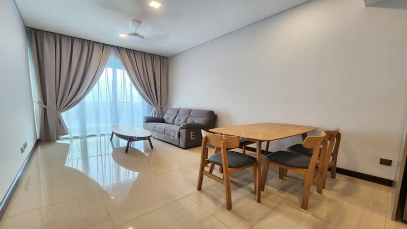 Living features: 3-seater fabric sofa in grey, round coffee table, 4-seater dining table, wooden dining chairs, floor-to-ceiling windows, sheer curtains, recessed downlights, polished tile flooring, white painted walls, ceiling fan; style: modern; view: city.
